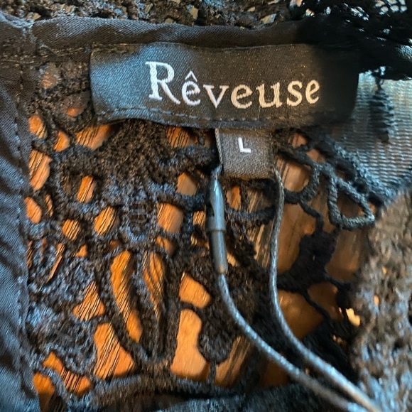 REVEUSE WOVEN TOP Black Bell SLEEVE womens large cold shoulder crochet - Picture 2 of 16